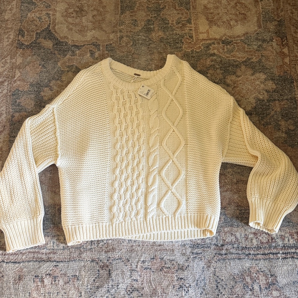 Free People Cream Cable Crewneck Sweater
